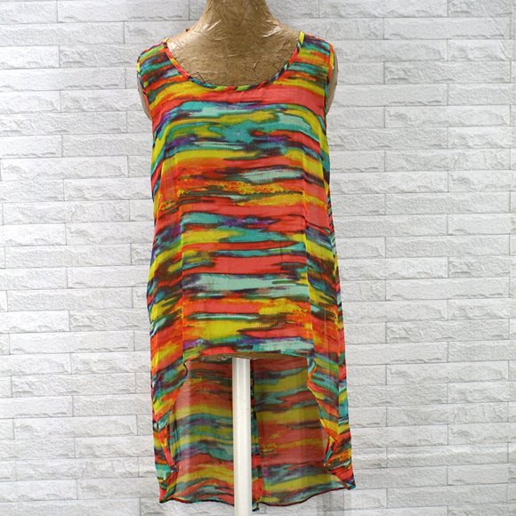 Myth Tops - MYTH Blouse Rainbow Tie Dye Sheer Sleeveless Top Swimsuit Cover-Up X-Large